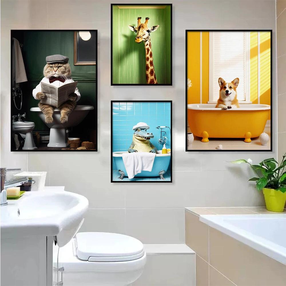 Animal Funny Series Art Wall Decor Poster Print Canvas Painting Chimpanzee Cat Dog Picture For Bathroom Toilet Room Home Cuadros