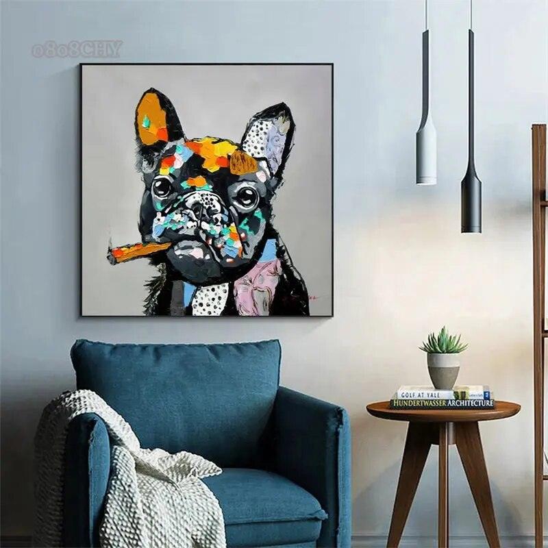 Animal Mural Smoking French Bulldog Graffiti Canvas Painting Prints Poster Abstract Cool Dog Wall Art Pictures Living Room Decor