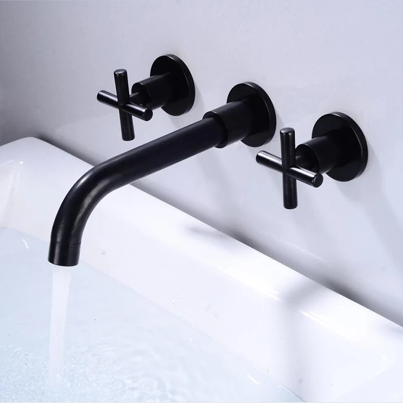 Mezclador de lavabo de baño montado en la pared, doble manija de latón negro antiguo, grifo cromado para lavabo frío y caliente, grifo blanco/dorado pulido