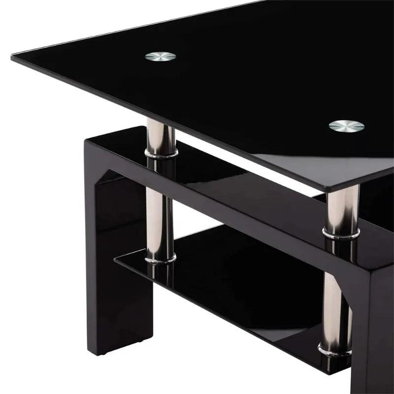 Aukfa Rectangle Tempered Glass Coffee Table Metal Tube Legs End Table for Living Room, Black