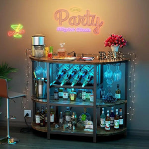 Bar Table Cabinet with Power Outlet, LED Home Mini Bar for Liquor and Glasses, Metal Wine Bar Stand with 4-Tier Storage