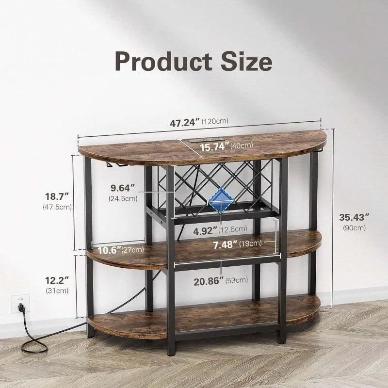 Bar Table Cabinet with Power Outlet, LED Home Mini Bar for Liquor and Glasses, Metal Wine Bar Stand with 4-Tier Storage