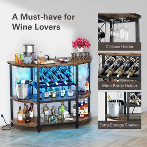 Bar Table Cabinet with Power Outlet, LED Home Mini Bar for Liquor and Glasses, Metal Wine Bar Stand with 4-Tier Storage