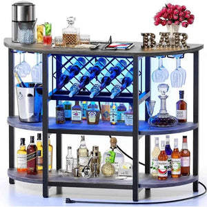 Bar Table Cabinet with Power Outlet, LED Home Mini Bar for Liquor and Glasses, Metal Wine Bar Stand with 4-Tier Storage