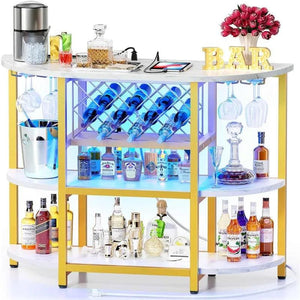 Bar Table Cabinet with Power Outlet, LED Home Mini Bar for Liquor and Glasses, Metal Wine Bar Stand with 4-Tier Storage