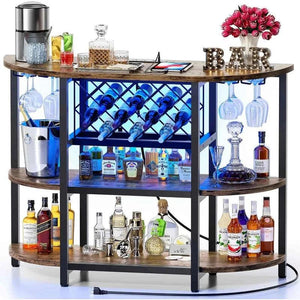 Bar Table Cabinet with Power Outlet, LED Home Mini Bar for Liquor and Glasses, Metal Wine Bar Stand with 4-Tier Storage