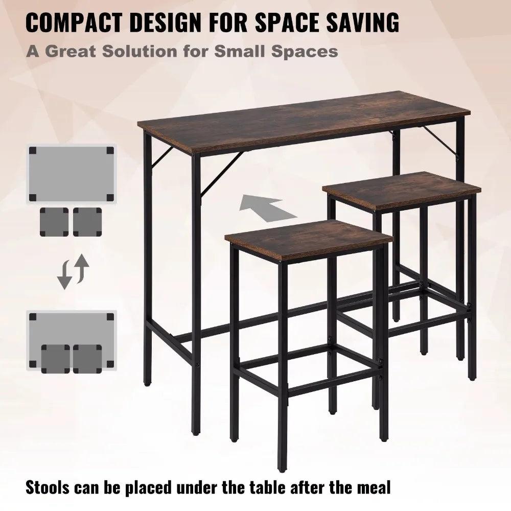 Bar Table Set, 39" Bar Table and Chairs Set, Pub Table Set w/ 2 Stools, Steel Frame Counter Height Dining Sets, 3 Piece Sa