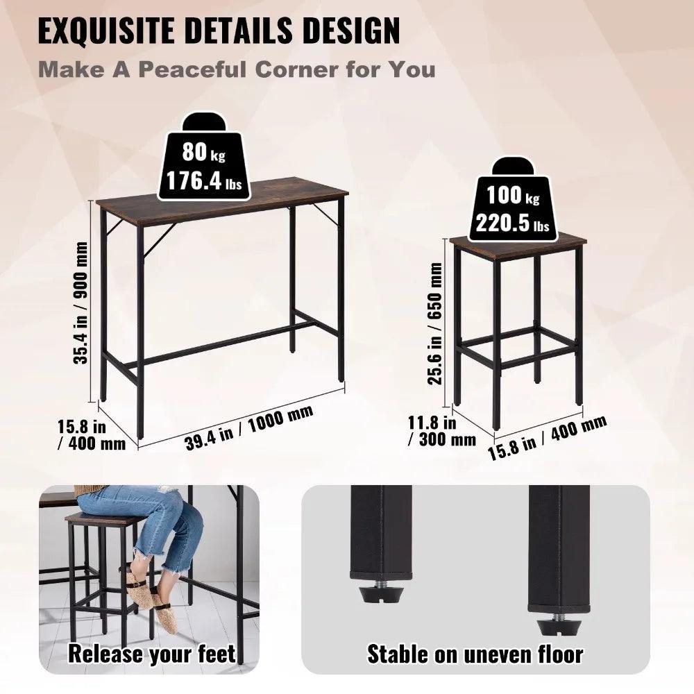 Bar Table Set, 39" Bar Table and Chairs Set, Pub Table Set w/ 2 Stools, Steel Frame Counter Height Dining Sets, 3 Piece Sa