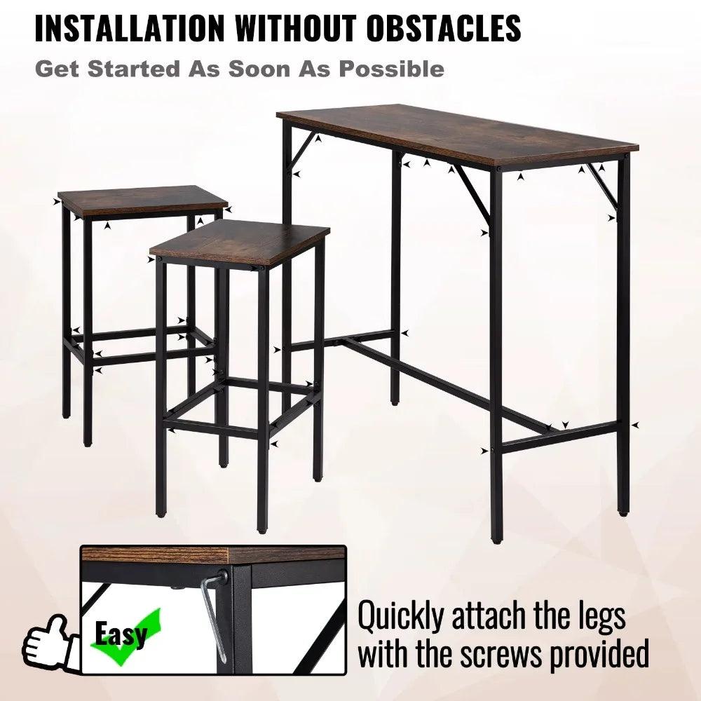 Bar Table Set, 39" Bar Table and Chairs Set, Pub Table Set w/ 2 Stools, Steel Frame Counter Height Dining Sets, 3 Piece Sa