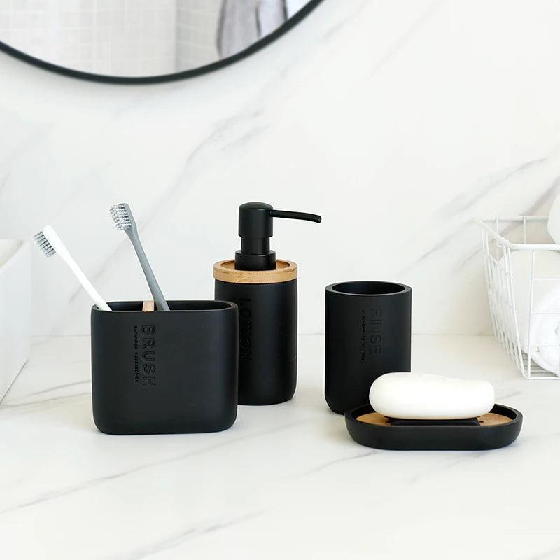 Bathroom Accessories set Soap Lotion Dispenser Toothbrush Holder Soap Dish Tumbler Pump Bottle Cup Wood Black or White