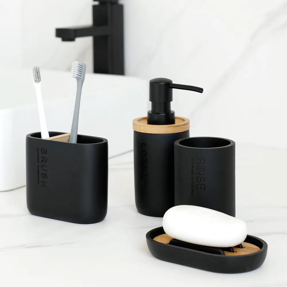 Bathroom Accessories set Soap Lotion Dispenser Toothbrush Holder Soap Dish Tumbler Pump Bottle Cup Wood Black or White