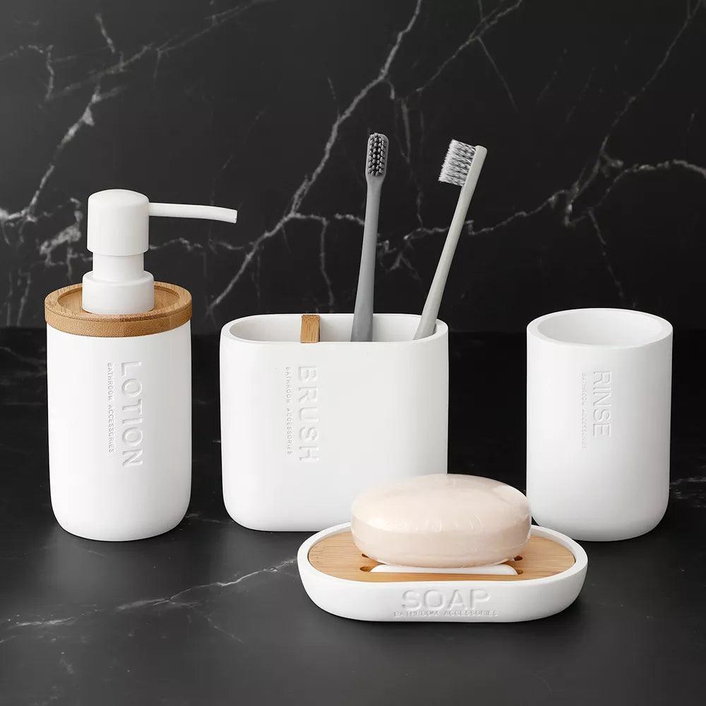 Bathroom Accessories set Soap Lotion Dispenser Toothbrush Holder Soap Dish Tumbler Pump Bottle Cup Wood Black or White