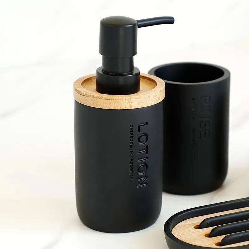 Bathroom Accessories set Soap Lotion Dispenser Toothbrush Holder Soap Dish Tumbler Pump Bottle Cup Wood Black or White