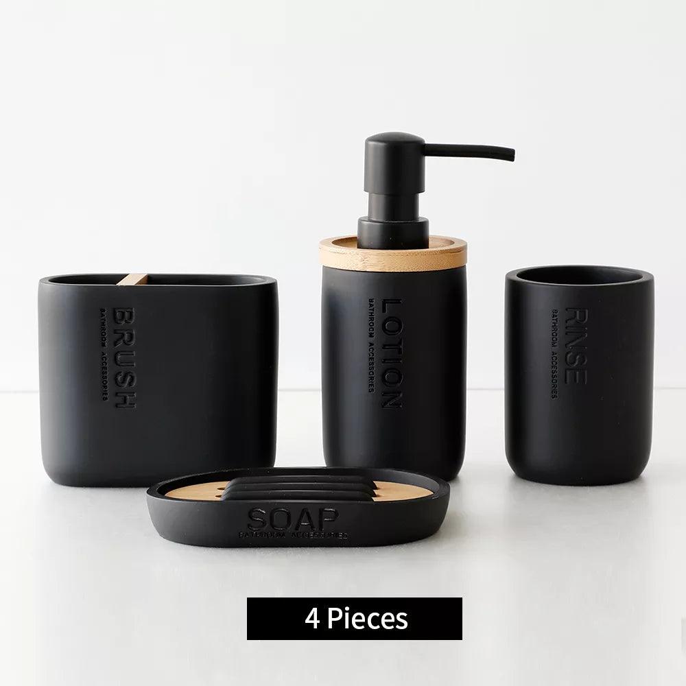 Bathroom Accessories set Soap Lotion Dispenser Toothbrush Holder Soap Dish Tumbler Pump Bottle Cup Wood Black or White