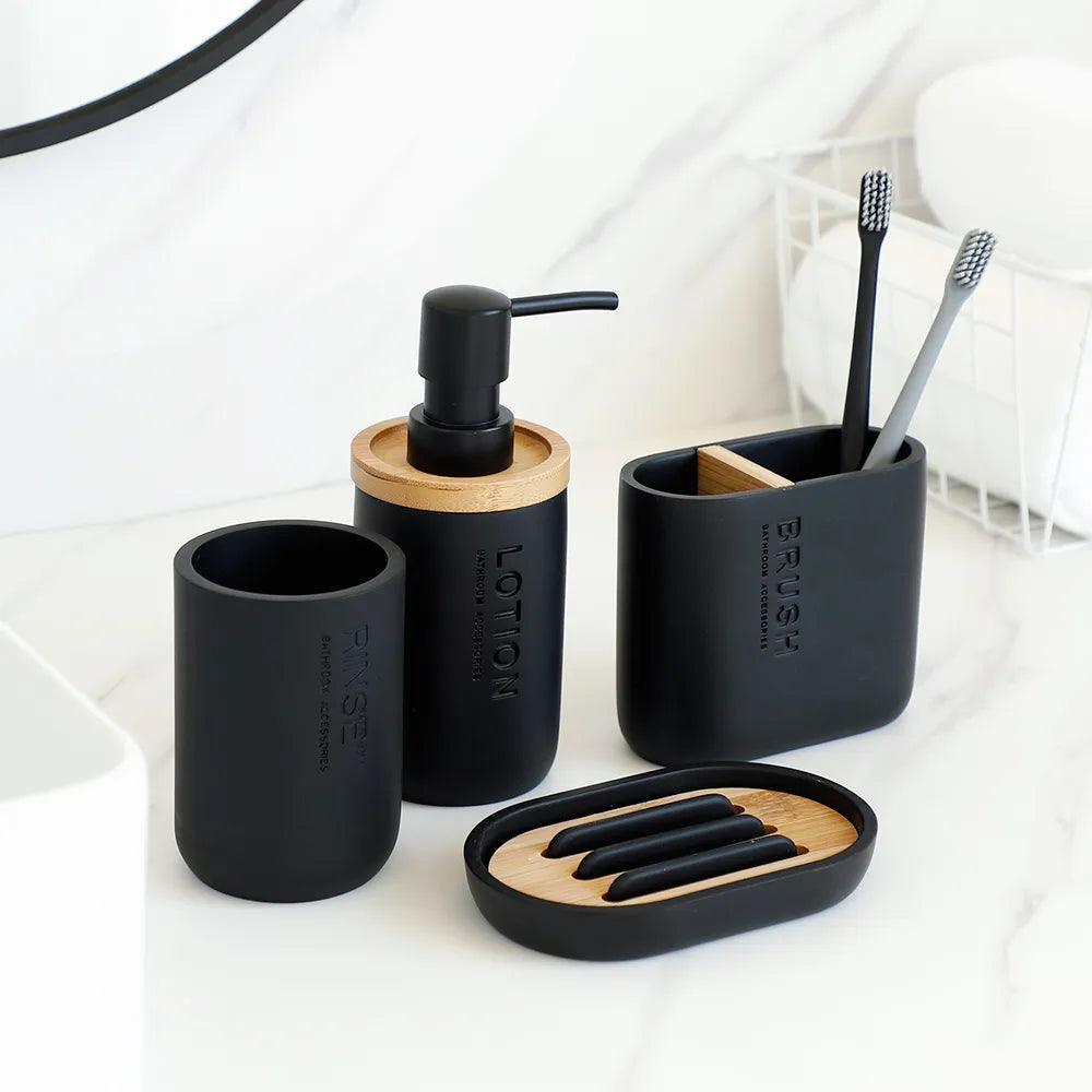 Bathroom Accessories set Soap Lotion Dispenser Toothbrush Holder Soap Dish Tumbler Pump Bottle Cup Wood Black or White