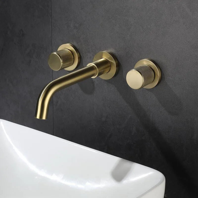 Grifo de baño, grifo de lavabo de baño de Oro pulido, mezclador de lavabo de latón frío y caliente, grifo de agua montado en la pared con una sola manija