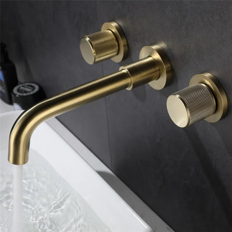 Grifo de baño, grifo de lavabo de baño de Oro pulido, mezclador de lavabo de latón frío y caliente, grifo de agua montado en la pared con una sola manija