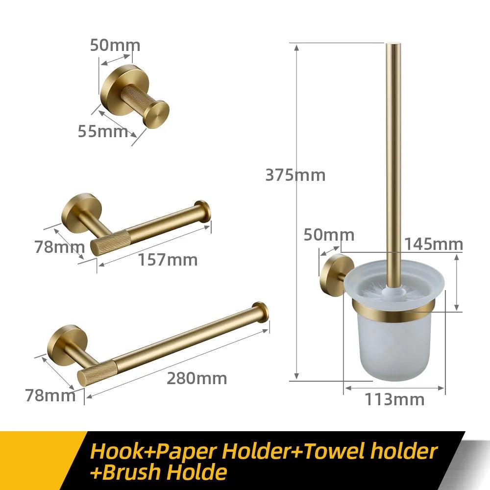 Bathroom Hardware Accessories Set Brushed Gold Knurled Brass Kit Towel Bar Ring Robe Hook Paper Holder Towel Ring Toilet Brush