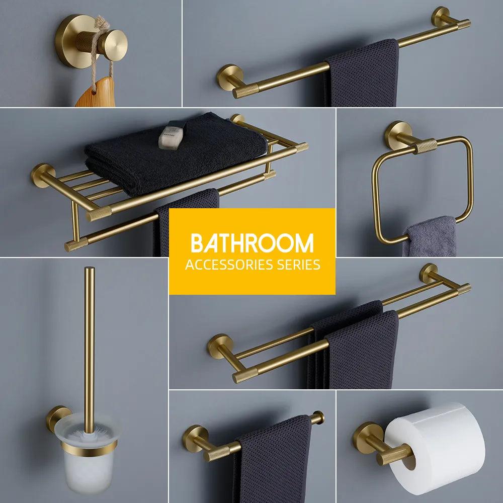 Bathroom Hardware Accessories Set Brushed Gold Knurled Brass Kit Towel Bar Ring Robe Hook Paper Holder Towel Ring Toilet Brush