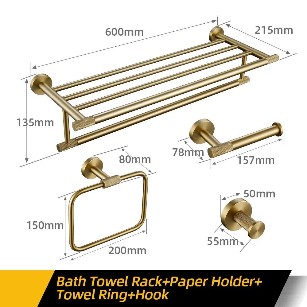 Bathroom Hardware Accessories Set Brushed Gold Knurled Brass Kit Towel Bar Ring Robe Hook Paper Holder Towel Ring Toilet Brush