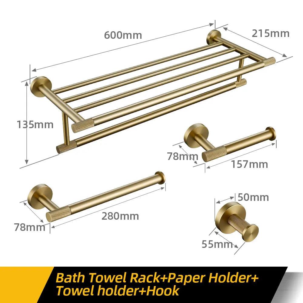 Bathroom Hardware Accessories Set Brushed Gold Knurled Brass Kit Towel Bar Ring Robe Hook Paper Holder Towel Ring Toilet Brush