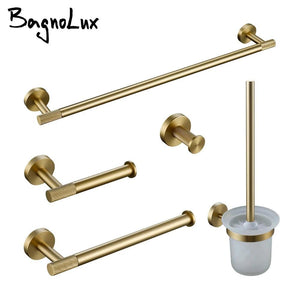 Bathroom Hardware Accessories Set Brushed Gold Knurled Brass Kit Towel Bar Ring Robe Hook Paper Holder Towel Ring Toilet Brush