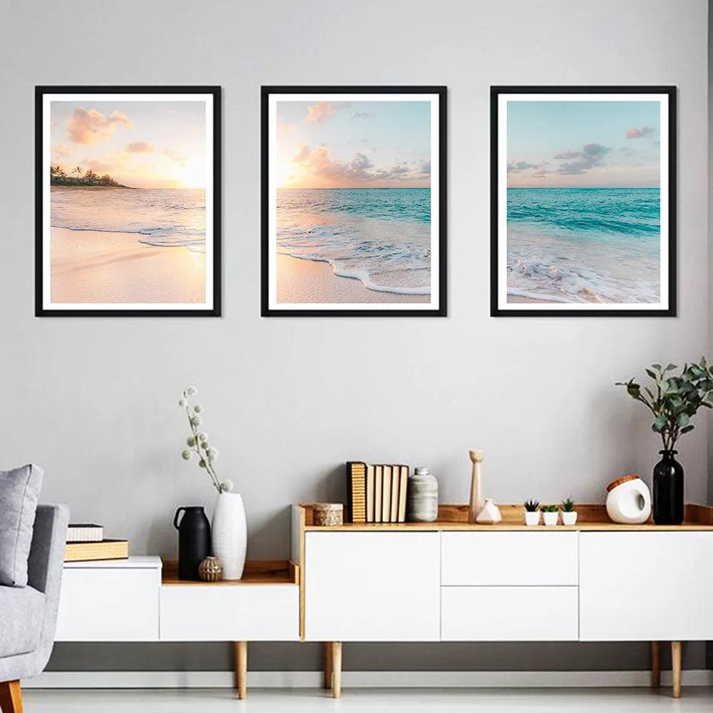 Beach Posters Canvas Painting Waves Prints Set of 3 Ocean Decor Coastal Seascape Pictures For Living Room Home Decoration Gifts