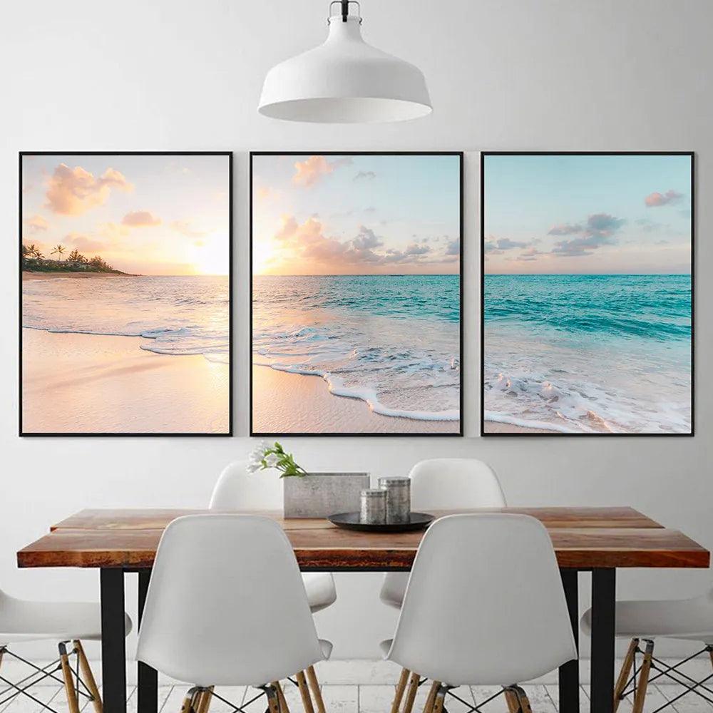 Beach Posters Canvas Painting Waves Prints Set of 3 Ocean Decor Coastal Seascape Pictures For Living Room Home Decoration Gifts