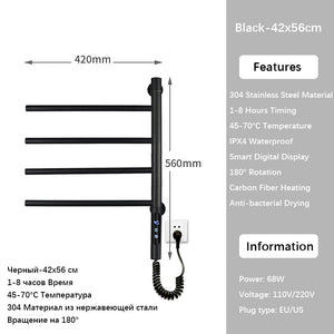 Black 180° Rotation Electric Towel Rack Temperature Control Timing Electric Heating Towel Rail Stainless Steel Towel Warmer