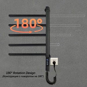 Black 180° Rotation Electric Towel Rack Temperature Control Timing Electric Heating Towel Rail Stainless Steel Towel Warmer