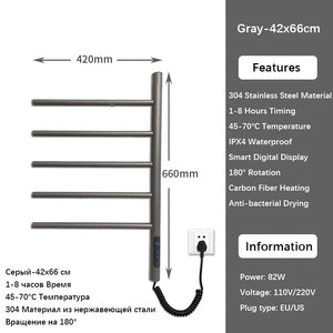 Black 180° Rotation Electric Towel Rack Temperature Control Timing Electric Heating Towel Rail Stainless Steel Towel Warmer