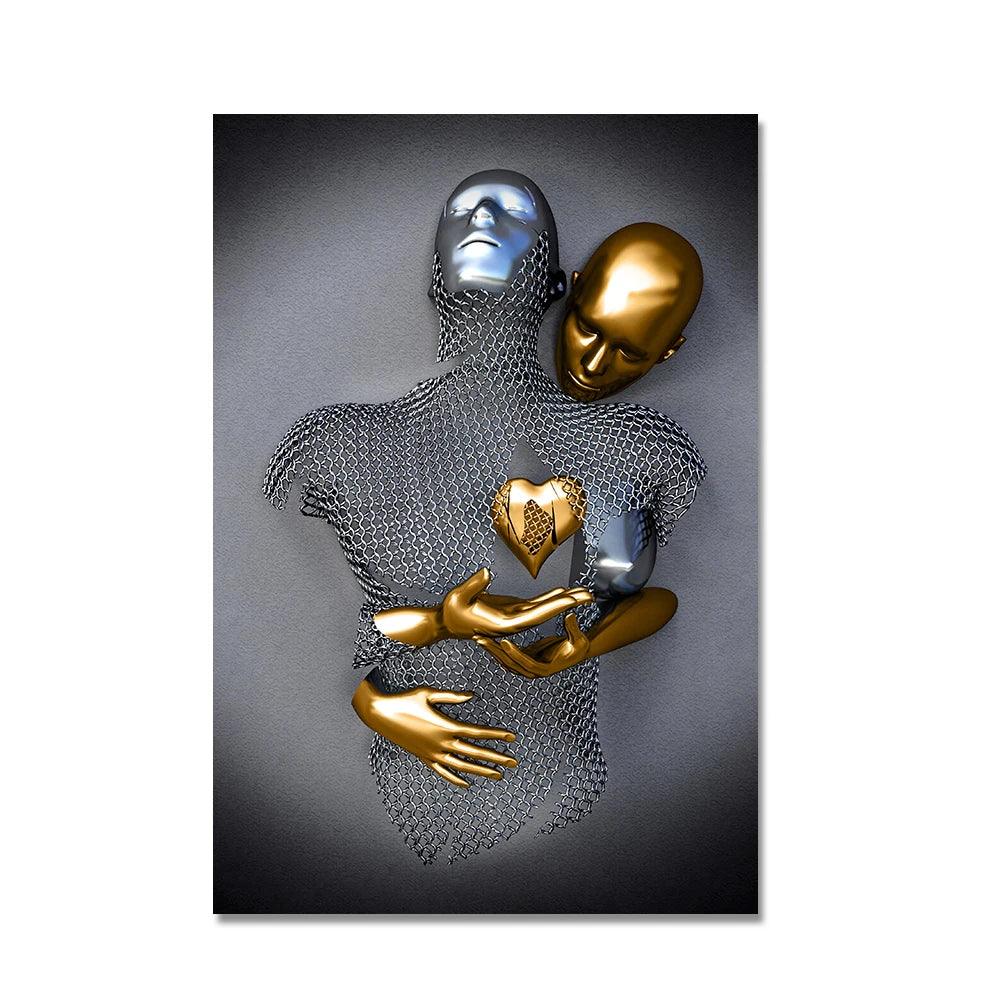 Black and Gold Love Heart Figure Statue Canvas Painting Modern Art Posters and Prints Wall Pictures for Living Room Home Decor