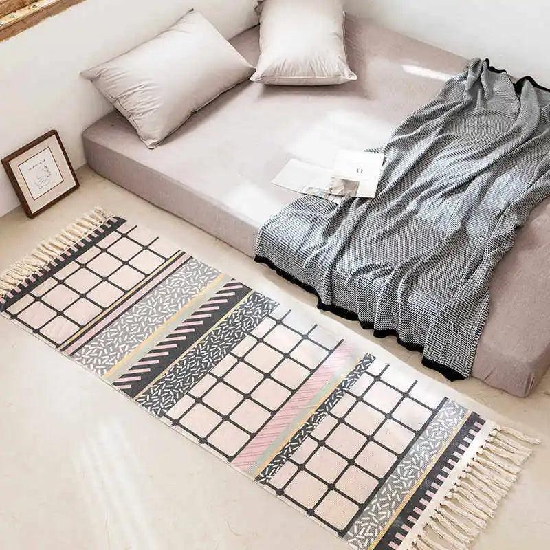 Bohemian Ethnic Style Floor Mat Bedroom Bedside Carpet Cotton Linen Sofa Foot Pad Tassels Area Rug