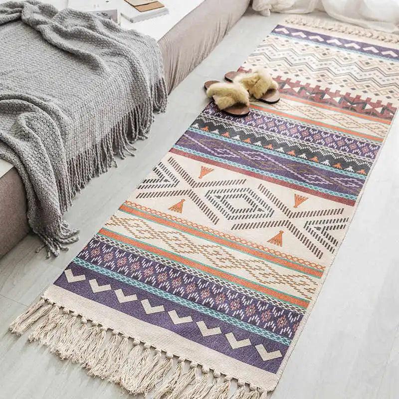 Bohemian Ethnic Style Floor Mat Bedroom Bedside Carpet Cotton Linen Sofa Foot Pad Tassels Area Rug