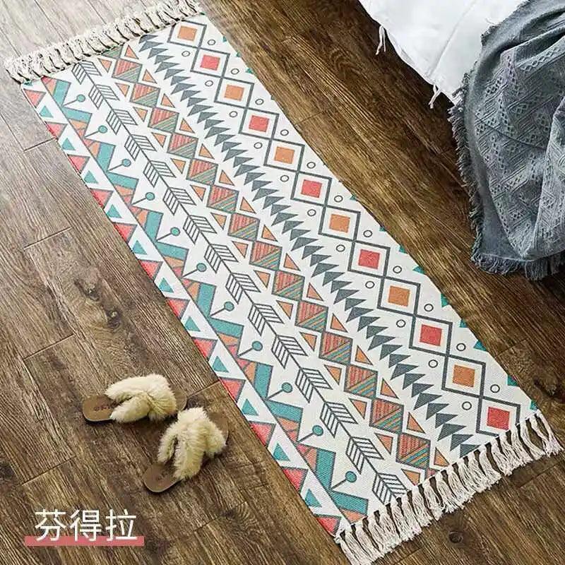 Bohemian Ethnic Style Floor Mat Bedroom Bedside Carpet Cotton Linen Sofa Foot Pad Tassels Area Rug