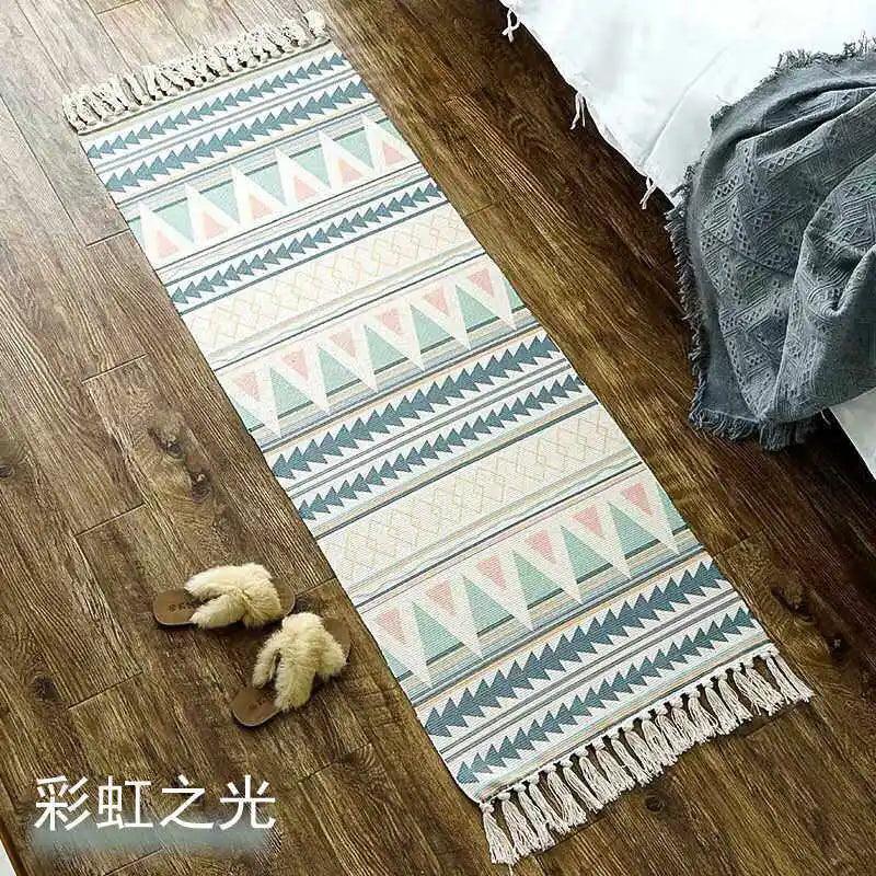 Bohemian Ethnic Style Floor Mat Bedroom Bedside Carpet Cotton Linen Sofa Foot Pad Tassels Area Rug