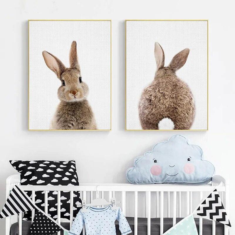 Bunny Rabbit Tail Wall Art Woodland Animal Poster Canvas Painting Nursery Print Children Picture Nordic Kids Baby Room Decor