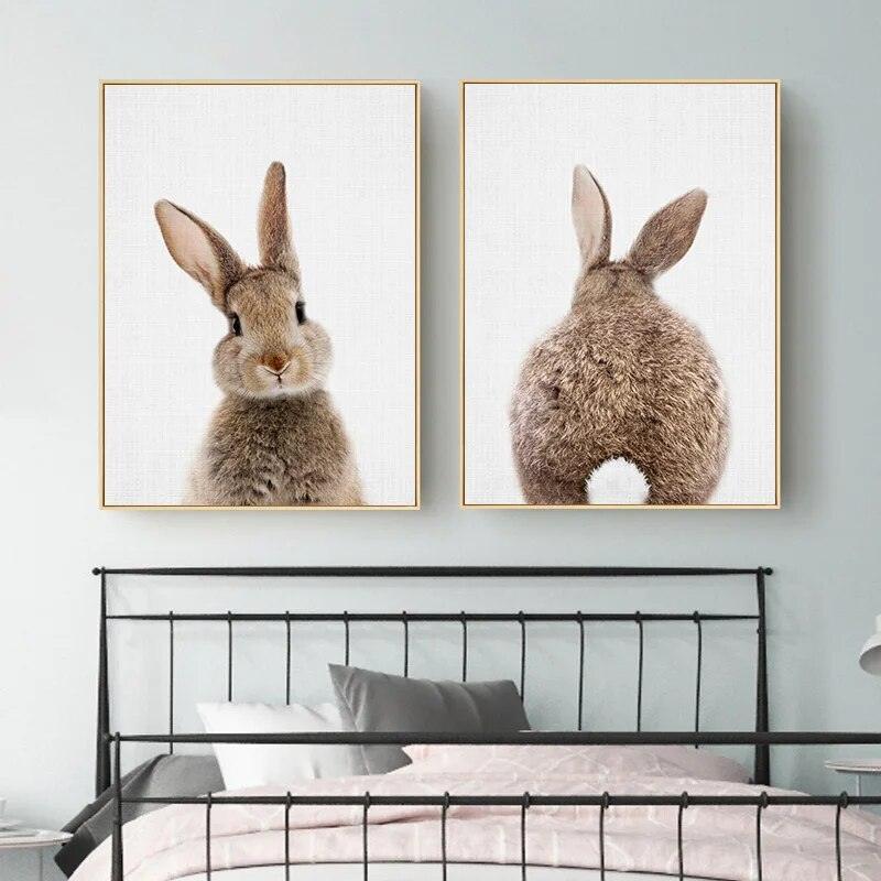 Bunny Rabbit Tail Wall Art Woodland Animal Poster Canvas Painting Nursery Print Children Picture Nordic Kids Baby Room Decor