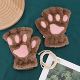 Cat Paw Gloves Winter Cute Cartoon Cat Girl Open Finger Gloves Thickened Fluffy Bear Paw Half Finger Gloves