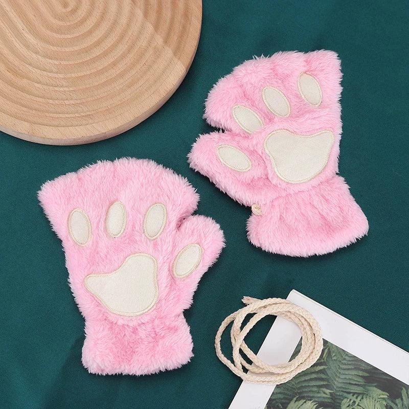 Cat Paw Gloves Winter Cute Cartoon Cat Girl Open Finger Gloves Thickened Fluffy Bear Paw Half Finger Gloves