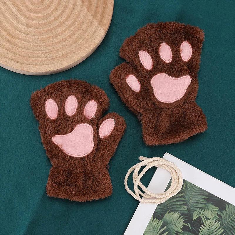 Cat Paw Gloves Winter Cute Cartoon Cat Girl Open Finger Gloves Thickened Fluffy Bear Paw Half Finger Gloves