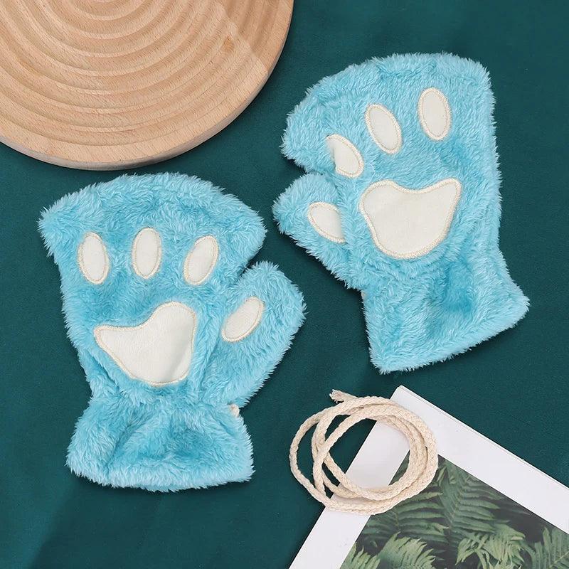 Cat Paw Gloves Winter Cute Cartoon Cat Girl Open Finger Gloves Thickened Fluffy Bear Paw Half Finger Gloves