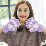 Cat Paw Gloves Winter Cute Cartoon Cat Girl Open Finger Gloves Thickened Fluffy Bear Paw Half Finger Gloves