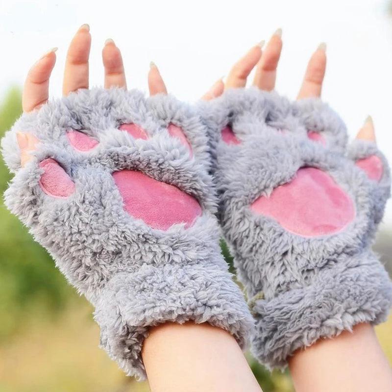 Cat Paw Gloves Winter Cute Cartoon Cat Girl Open Finger Gloves Thickened Fluffy Bear Paw Half Finger Gloves