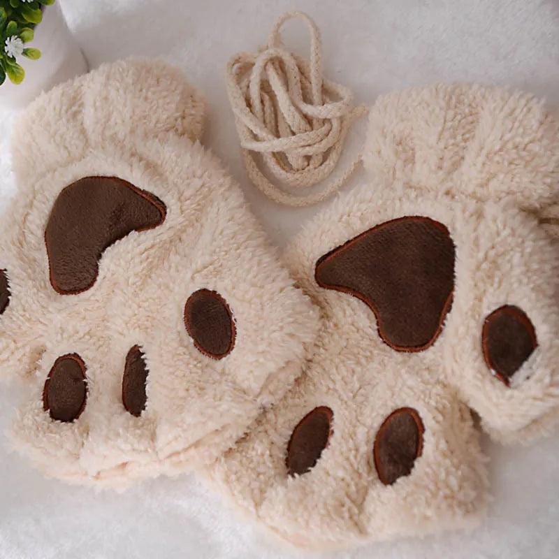 Cat Paw Gloves Winter Cute Cartoon Cat Girl Open Finger Gloves Thickened Fluffy Bear Paw Half Finger Gloves