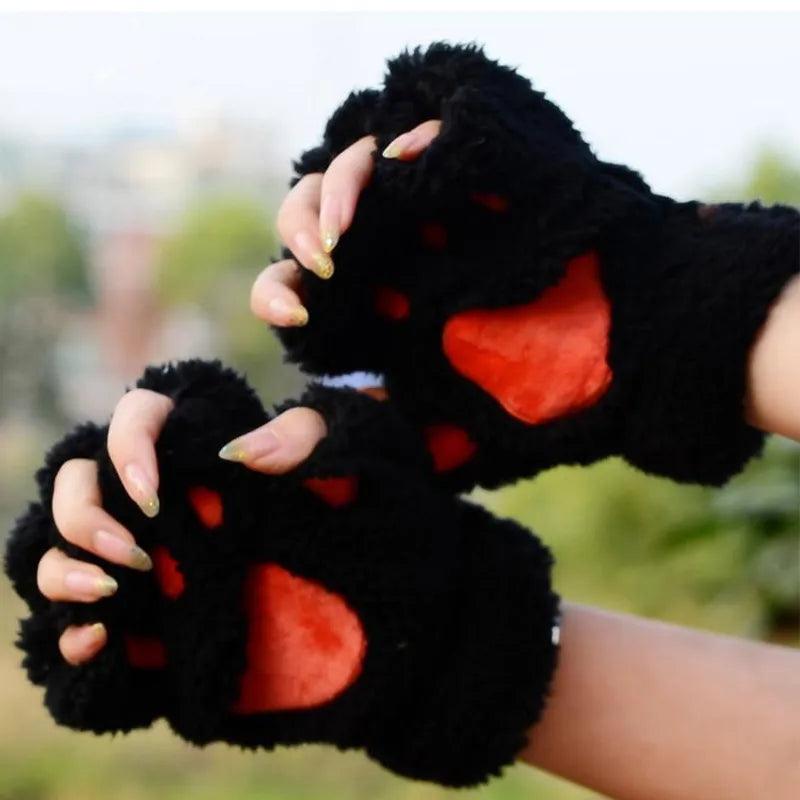 Cat Paw Gloves Winter Cute Cartoon Cat Girl Open Finger Gloves Thickened Fluffy Bear Paw Half Finger Gloves