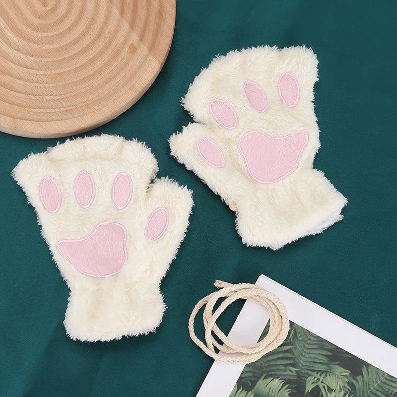 Cat Paw Gloves Winter Cute Cartoon Cat Girl Open Finger Gloves Thickened Fluffy Bear Paw Half Finger Gloves