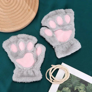 Cat Paw Gloves Winter Cute Cartoon Cat Girl Open Finger Gloves Thickened Fluffy Bear Paw Half Finger Gloves