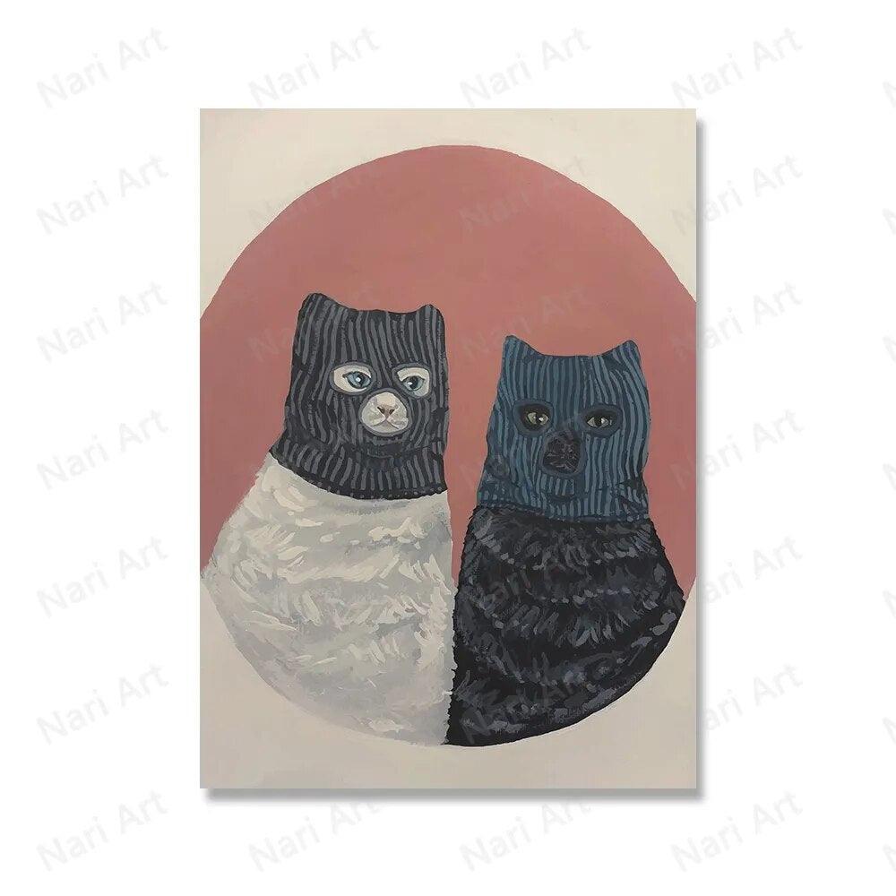 Cat with Mask Canvas Prints Painting Posters Thief Cat Animal Modern Nordic Wall Pictures Art for Kids Room Bedroom Home Decor