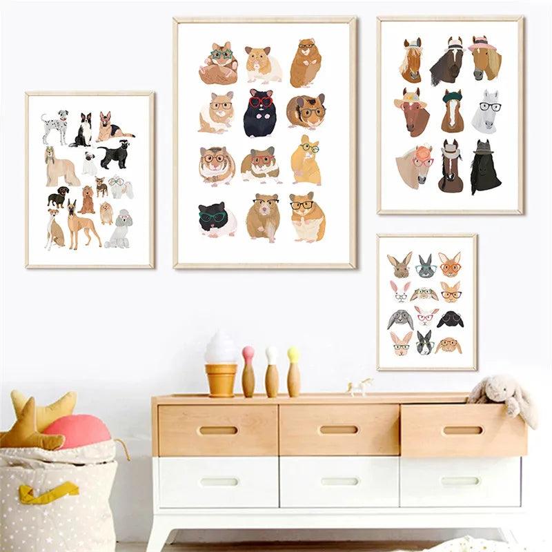 Cats Dogs Monkey Rabbit Guinea Pig with Glasses Animal Canvas Painting Wall Art Poster Kids Baby Room Decoration Nursery Decor